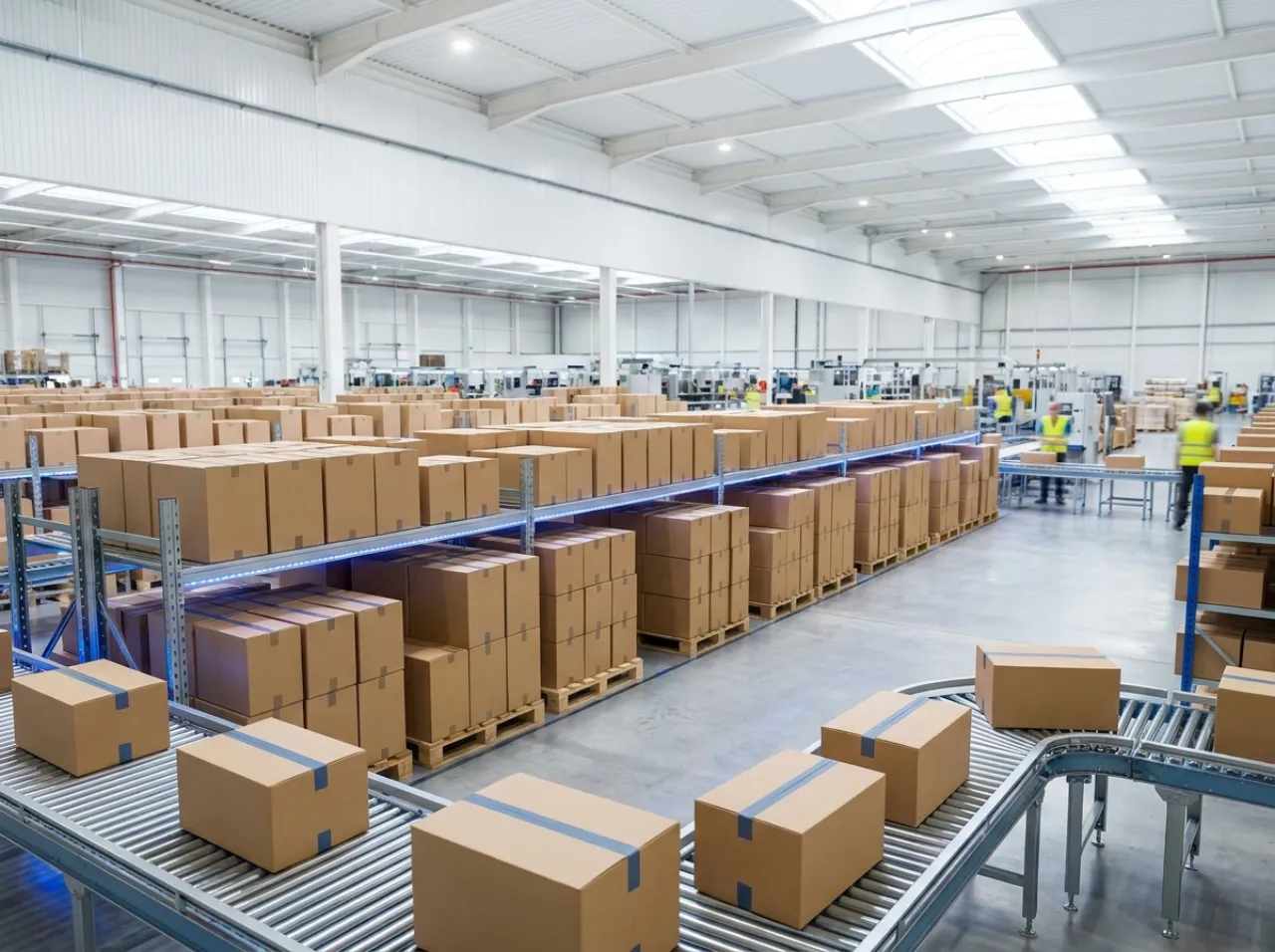 Modern electronics distribution warehouse with shipping cartons